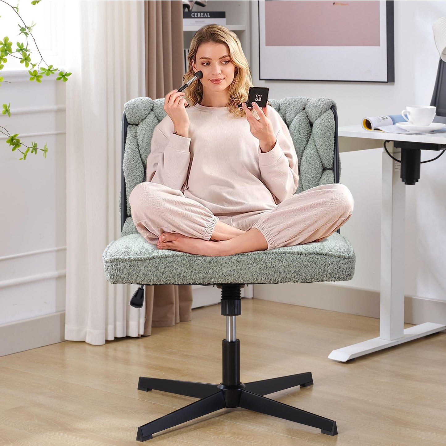 Armless Office Chair no Wheels, Ergonomic Wide Seat Swivel Desk Chair, Height Adjustable Cross Legged Comfortable Computer Chair for Living Room, Van